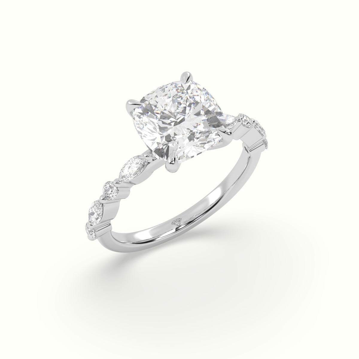 Cushion Cut Diamond Engagement Ring With Marquise And Round Side Stones — White Gold