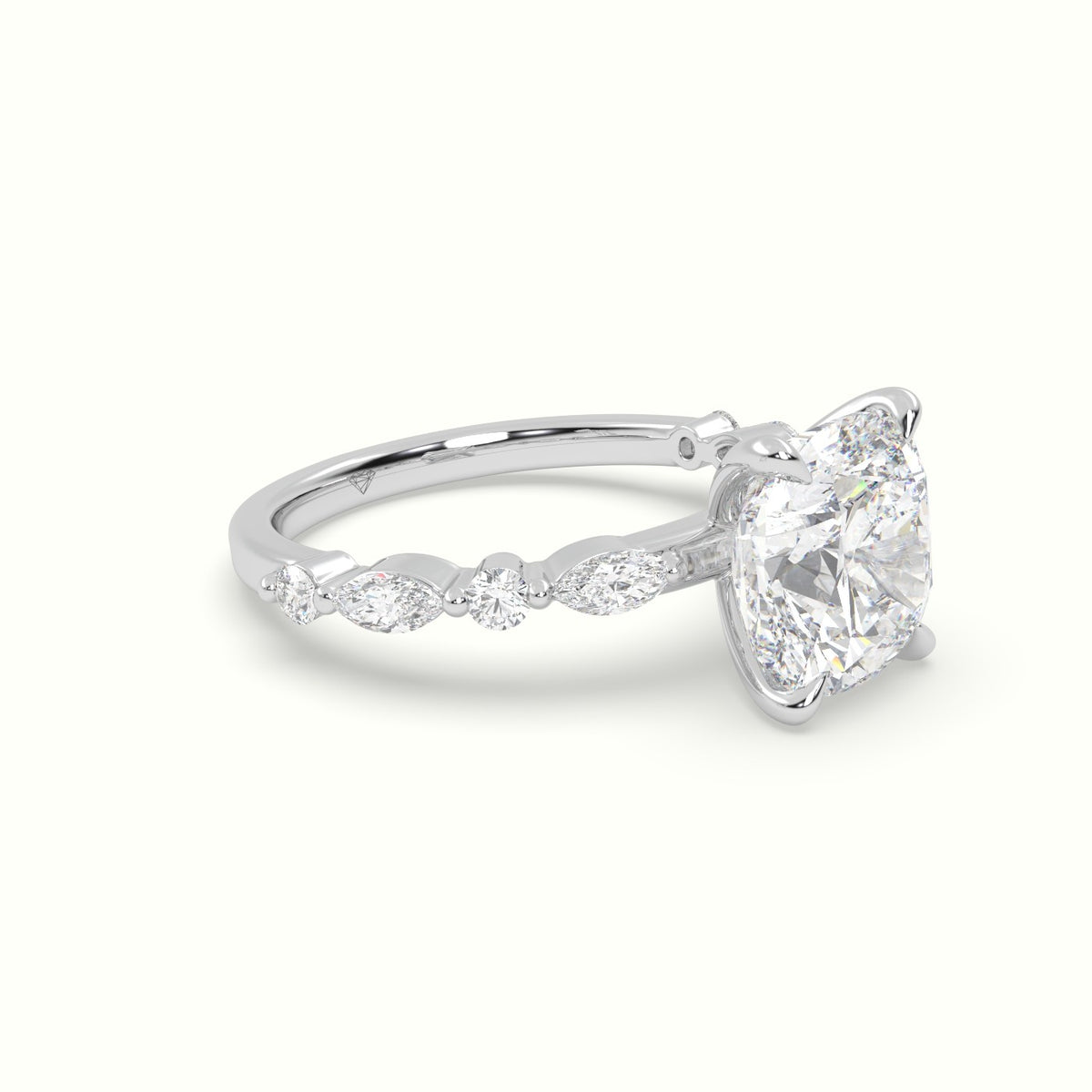 Cushion Cut Diamond Engagement Ring With Marquise And Round Side Stones — White Gold