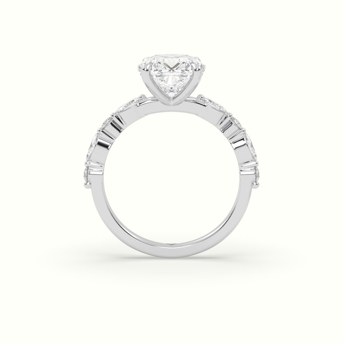 Cushion Cut Diamond Engagement Ring With Marquise And Round Side Stones — White Gold