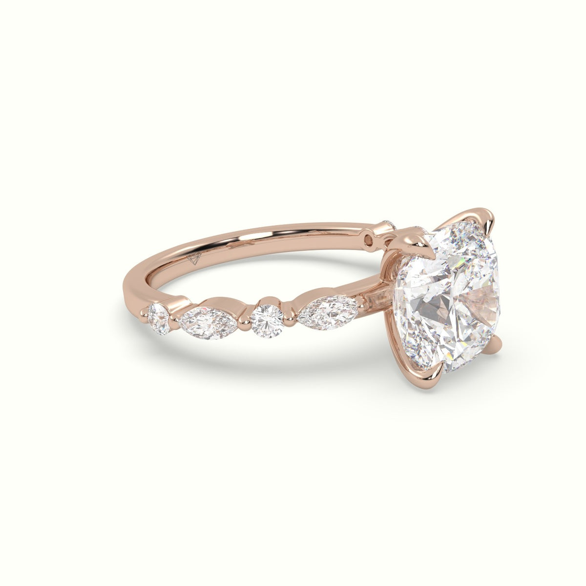 Cushion Cut Diamond Engagement Ring With Marquise And Round Side Stones — Rose Gold