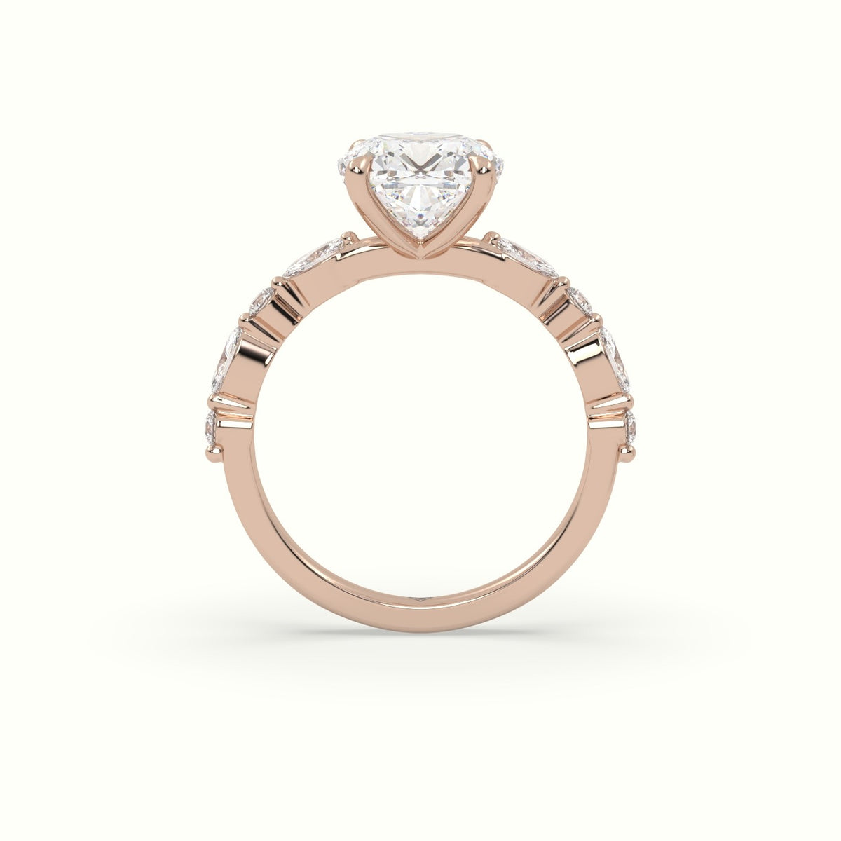 Cushion Cut Diamond Engagement Ring With Marquise And Round Side Stones — Rose Gold