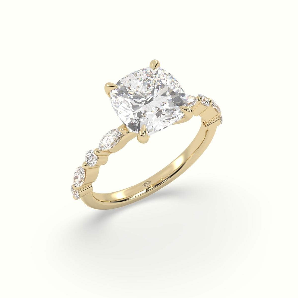 Cushion Cut Diamond Engagement Ring With Marquise And Round Side Stones — Yellow Gold