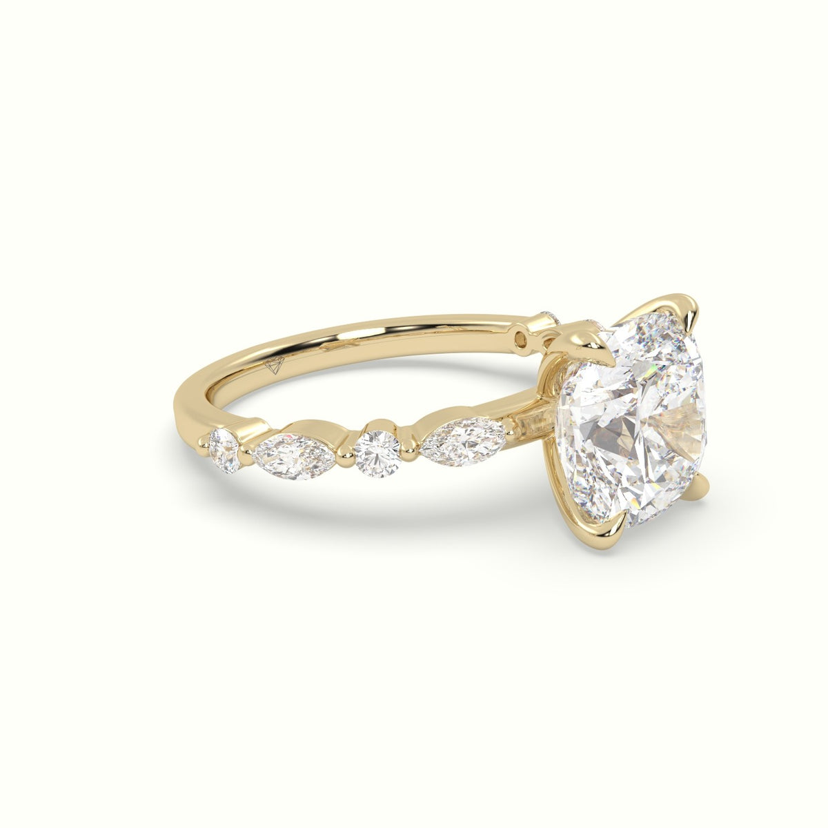 Cushion Cut Diamond Engagement Ring With Marquise And Round Side Stones — Yellow Gold