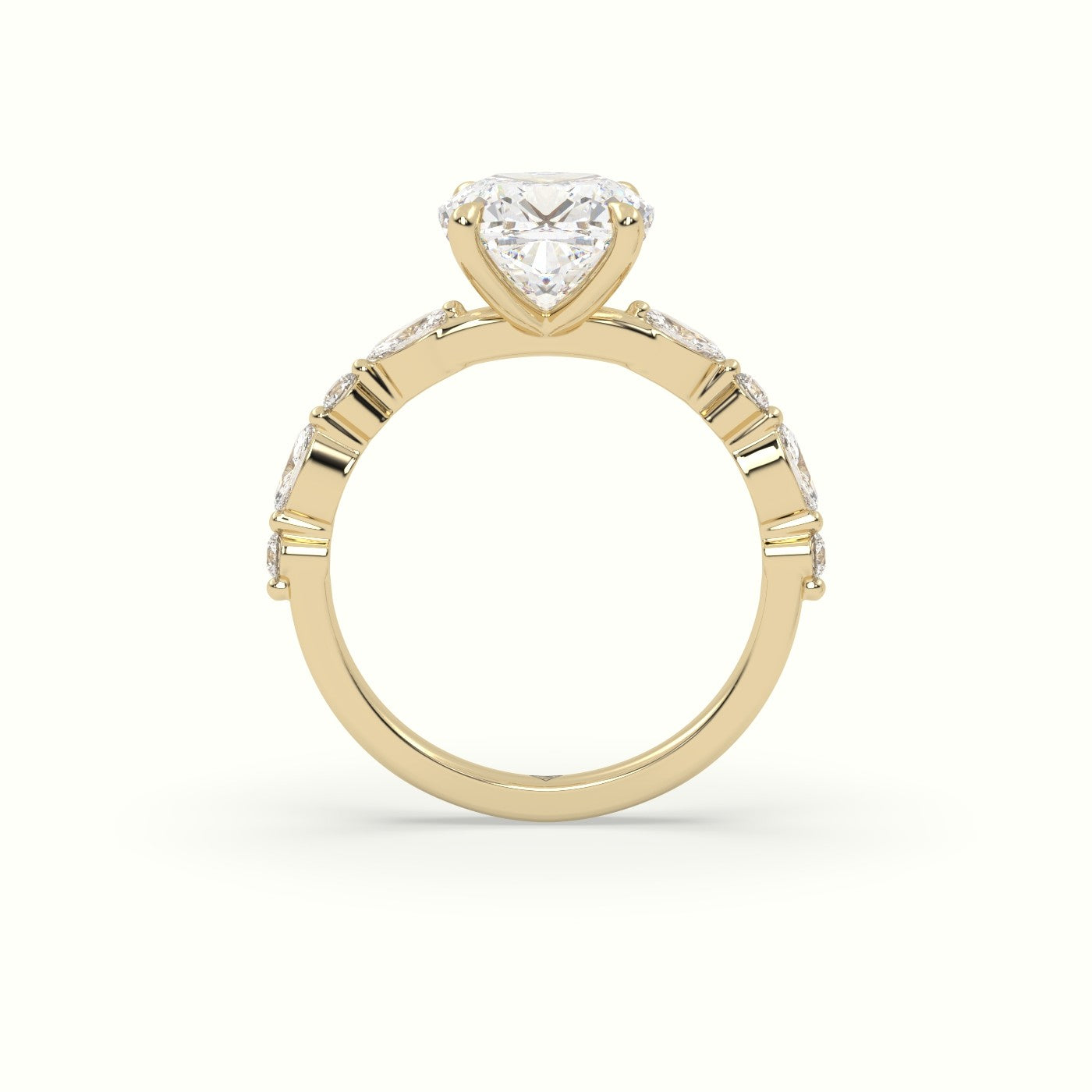 Cushion Cut Diamond Engagement Ring With Marquise And Round Side Stones — Yellow Gold