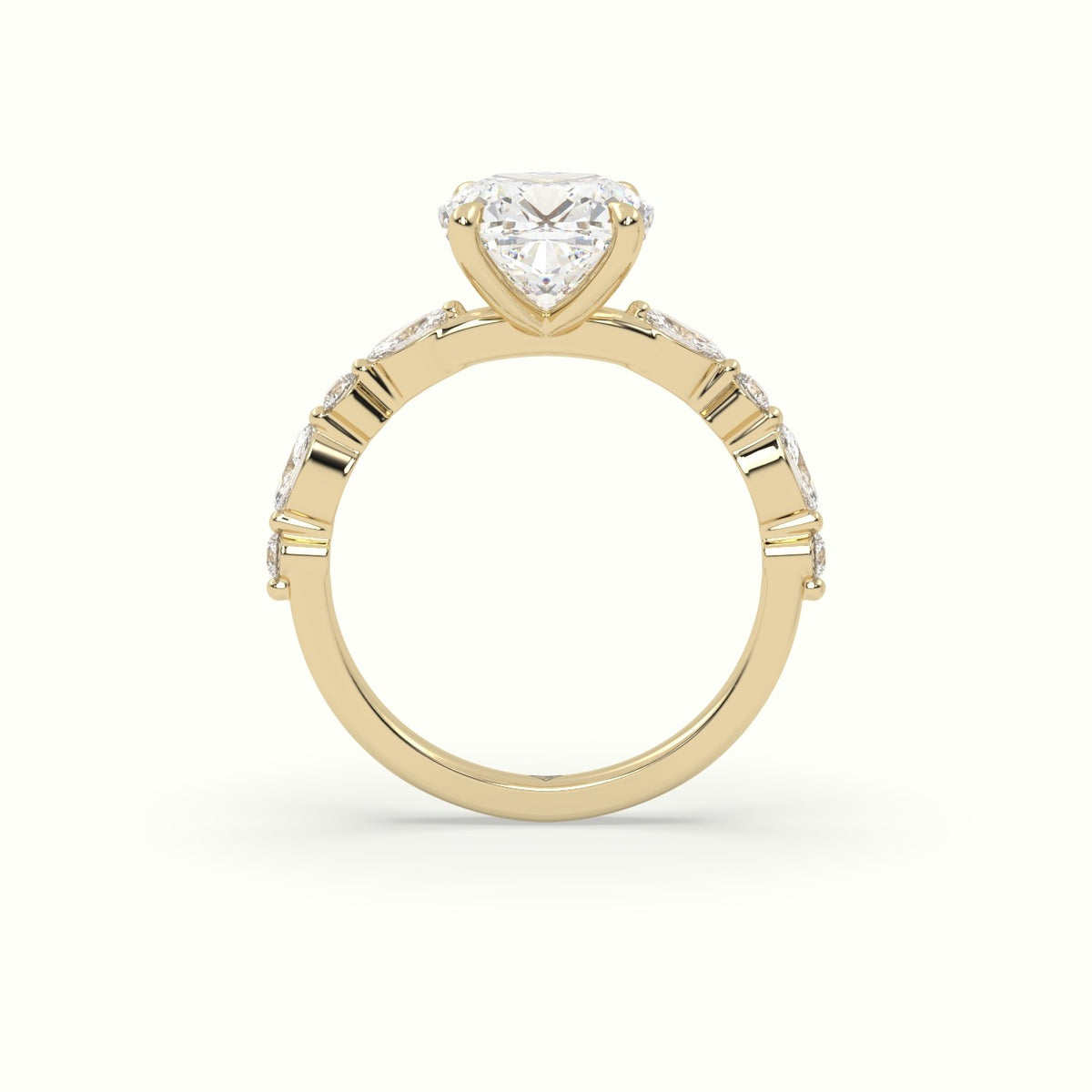 Cushion Cut Diamond Engagement Ring With Marquise And Round Side Stones — Yellow Gold