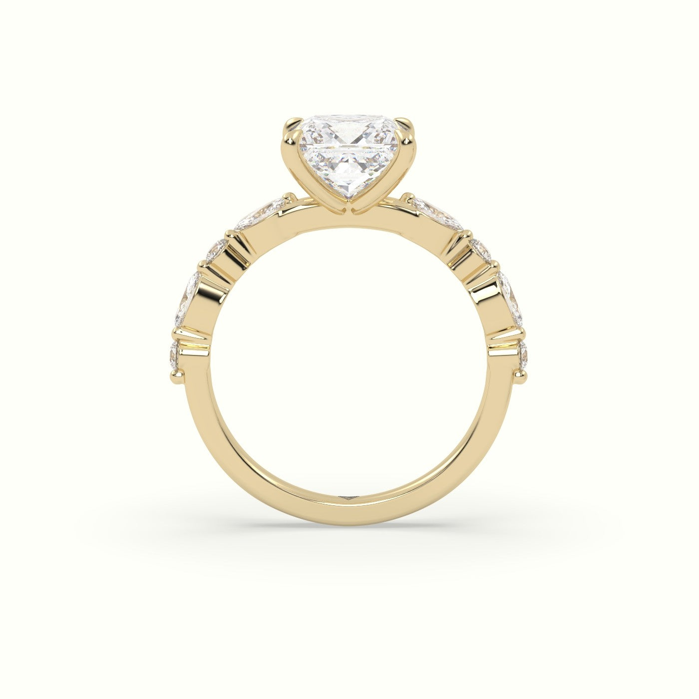 Princess Cut Diamond Engagement Ring With Marquise And Round Side Stones — Yellow Gold