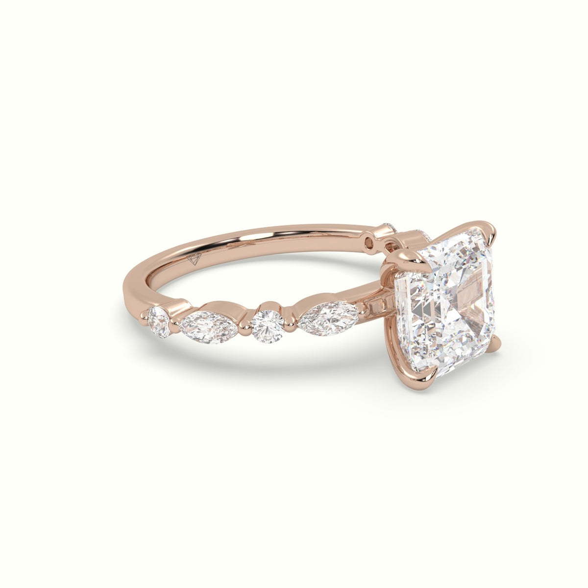 Asscher Cut Diamond Engagement Ring With Marquise And Round Side Stones — Rose Gold