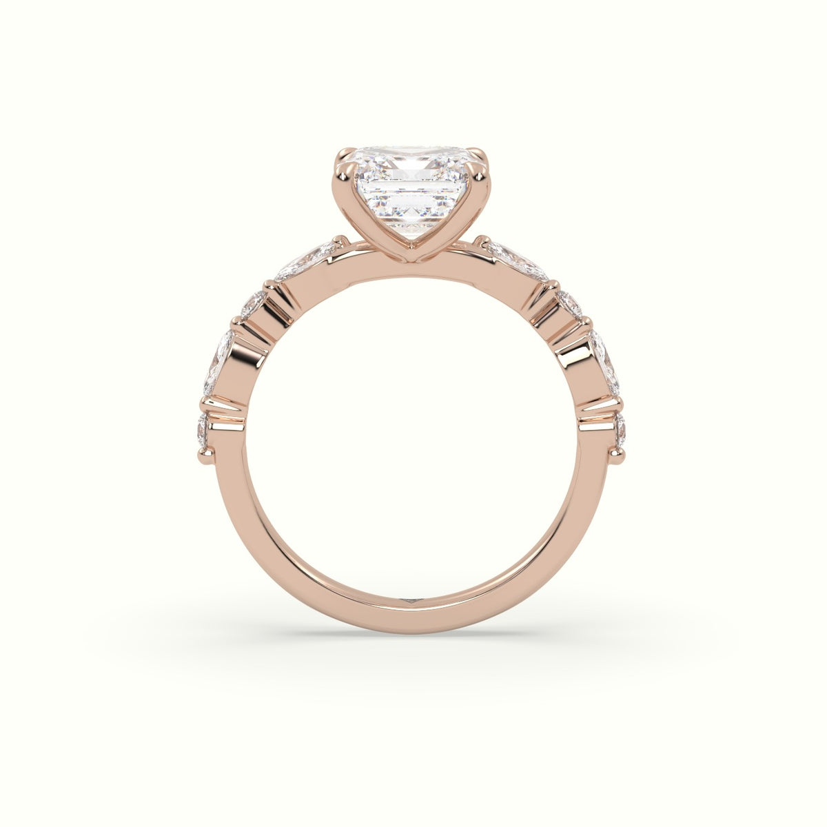 Asscher Cut Diamond Engagement Ring With Marquise And Round Side Stones — Rose Gold