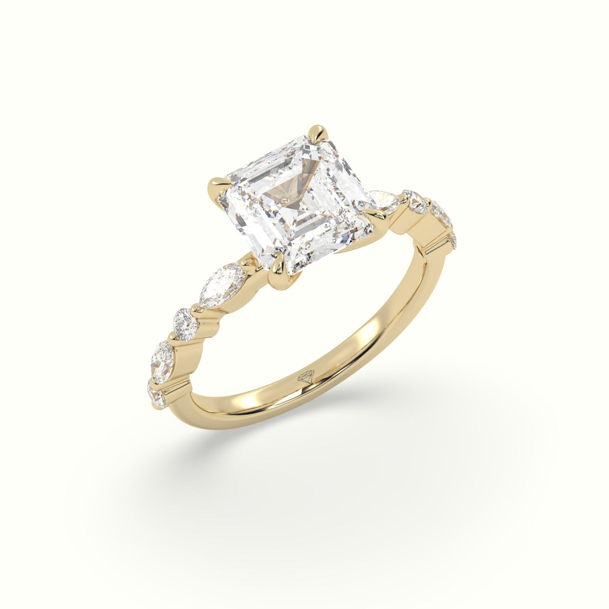 Asscher Cut Diamond Engagement Ring With Marquise And Round Side Stones — Yellow Gold
