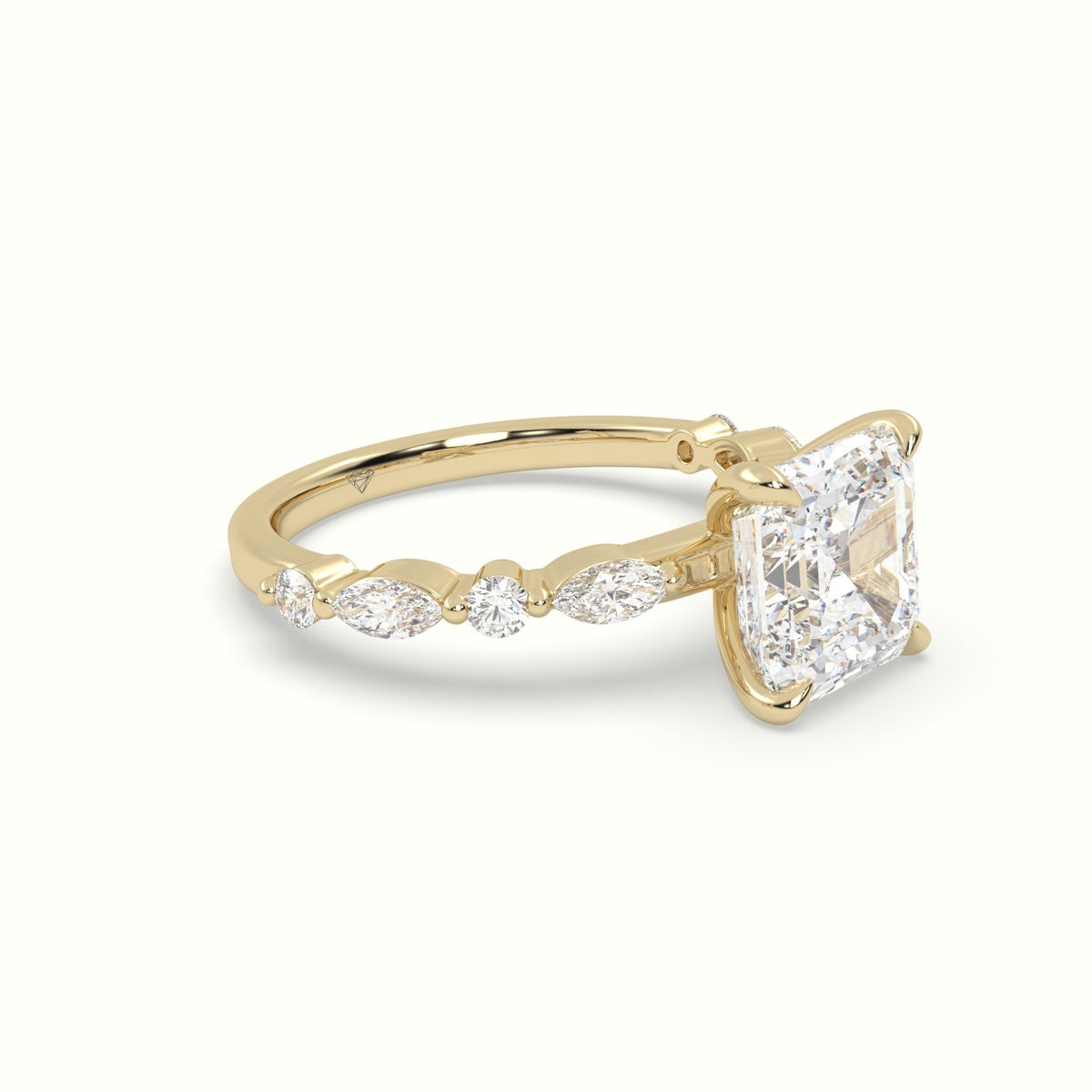 Asscher Cut Diamond Engagement Ring With Marquise And Round Side Stones — Yellow Gold
