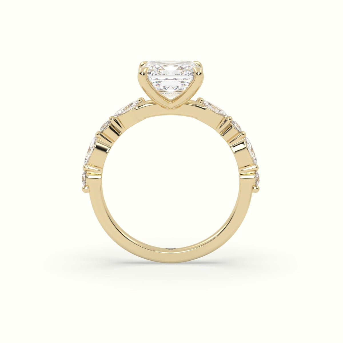 Asscher Cut Diamond Engagement Ring With Marquise And Round Side Stones — Yellow Gold