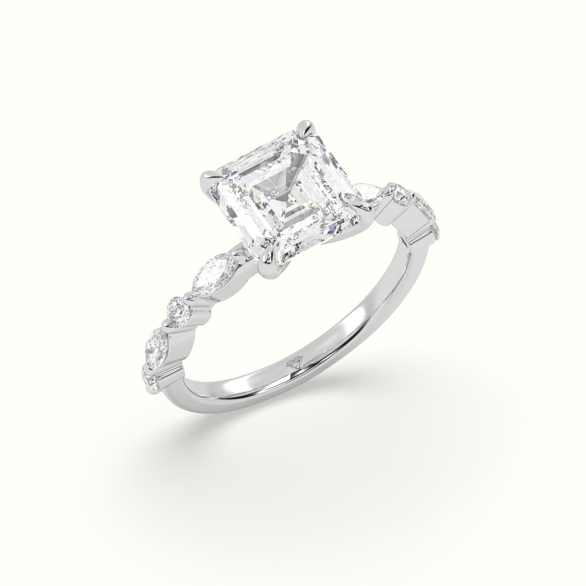 Asscher Cut Diamond Engagement Ring With Marquise And Round Side Stones — White Gold