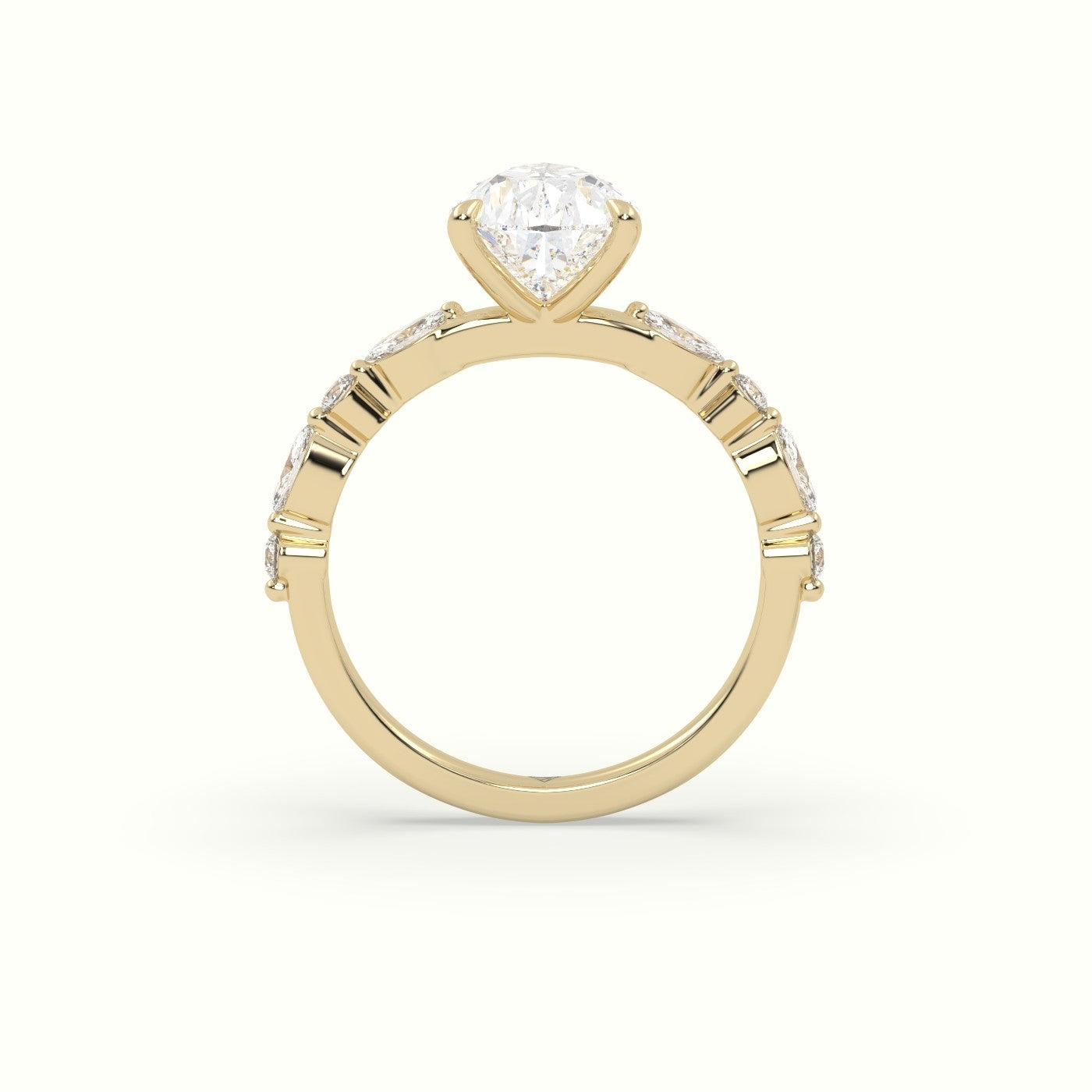 Pear Cut Diamond Engagement Ring With Marquise And Round Side Stones — Yellow Gold