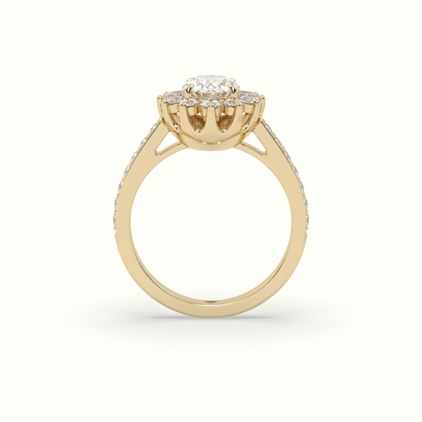 Oval Cut Diamond Halo Engagement Ring With Pavé-Set Diamond Band — Yellow Gold