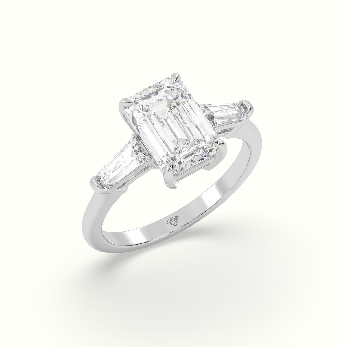 Emerald Cut Diamond Trilogy Engagement Ring — White Gold