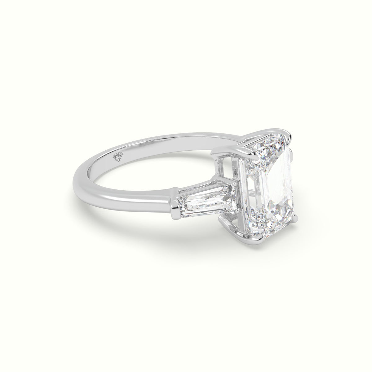 Emerald Cut Diamond Trilogy Engagement Ring — White Gold