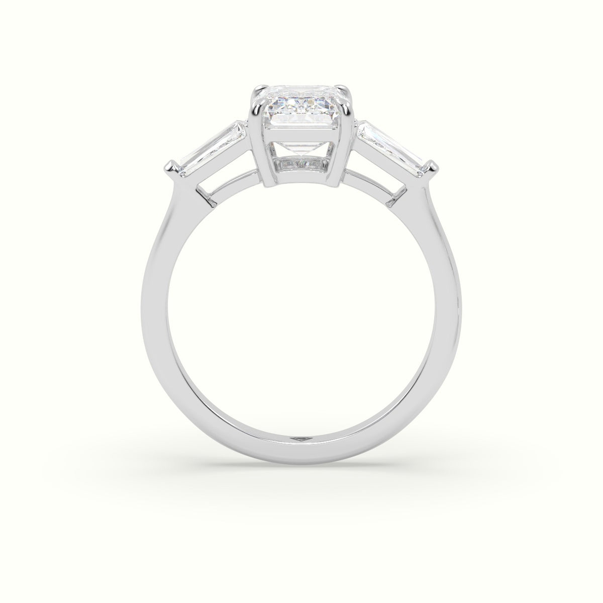 Emerald Cut Diamond Trilogy Engagement Ring — White Gold