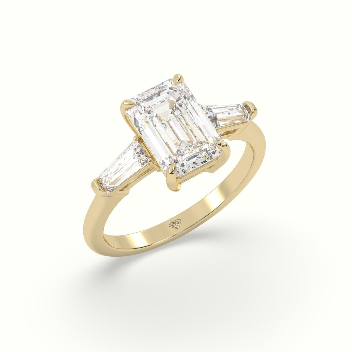 Emerald Cut Diamond Trilogy Engagement Ring — Yellow Gold