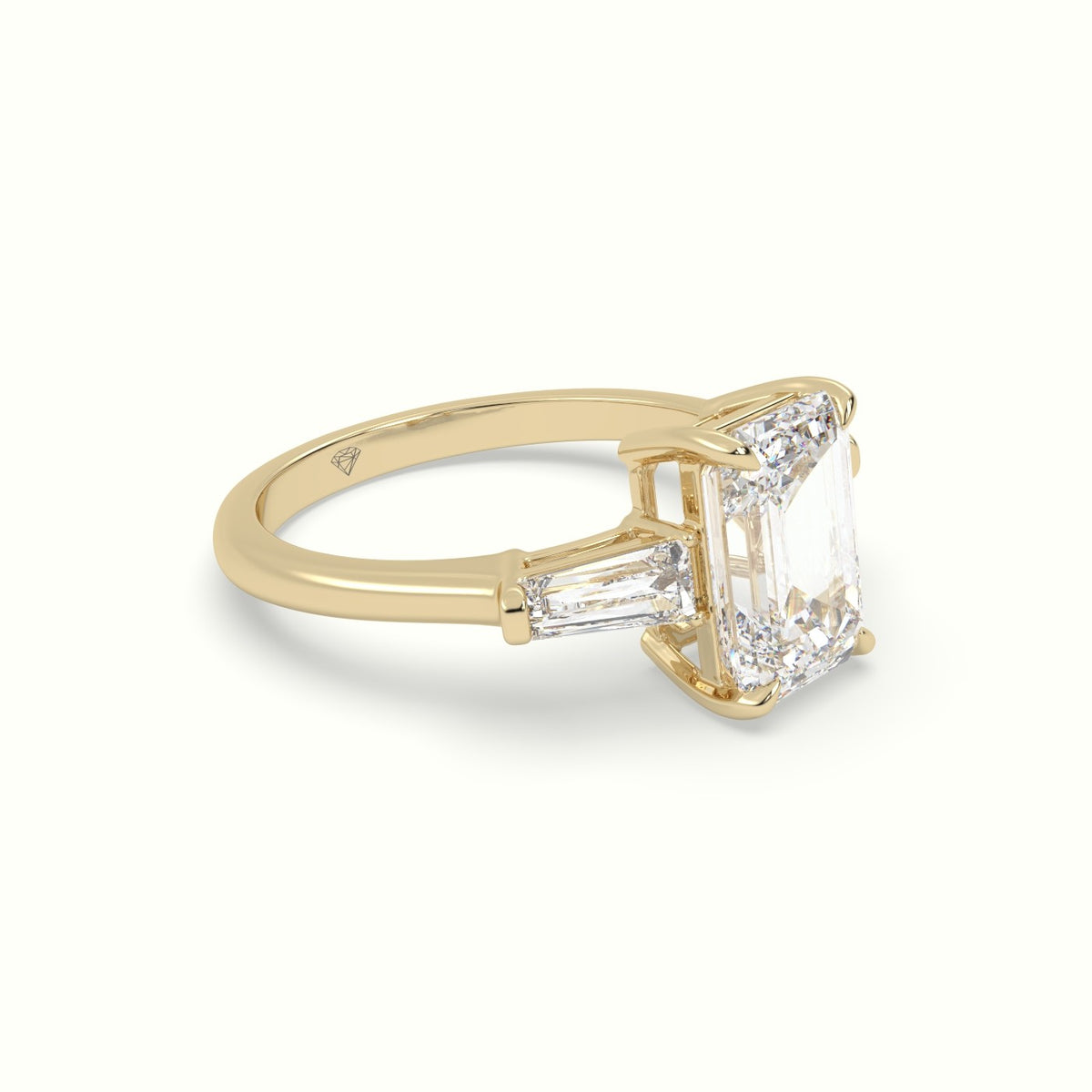 Emerald Cut Diamond Trilogy Engagement Ring — Yellow Gold