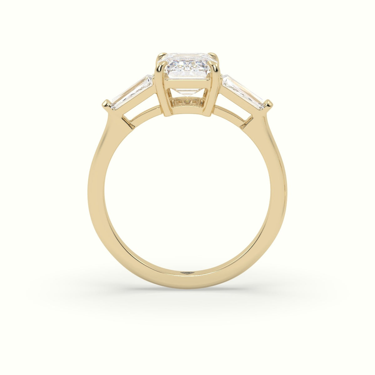 Emerald Cut Diamond Trilogy Engagement Ring — Yellow Gold