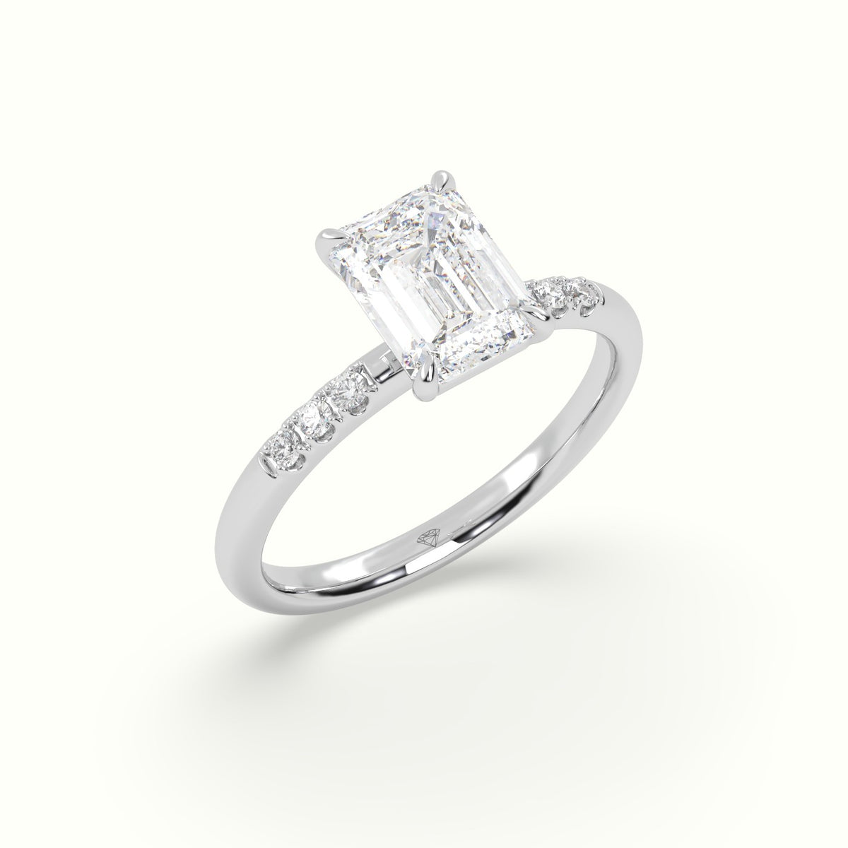 Emerald Cut Diamond Pave Engagement Ring — White Gold