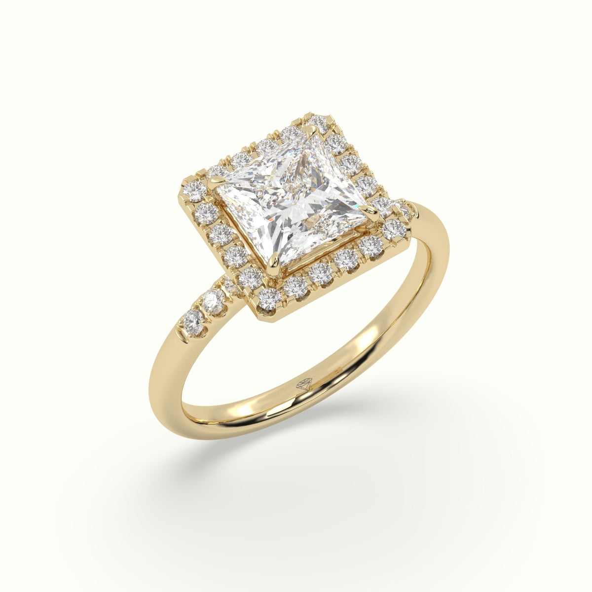 Princess Cut Halo Diamond Engagement Ring — Yellow Gold