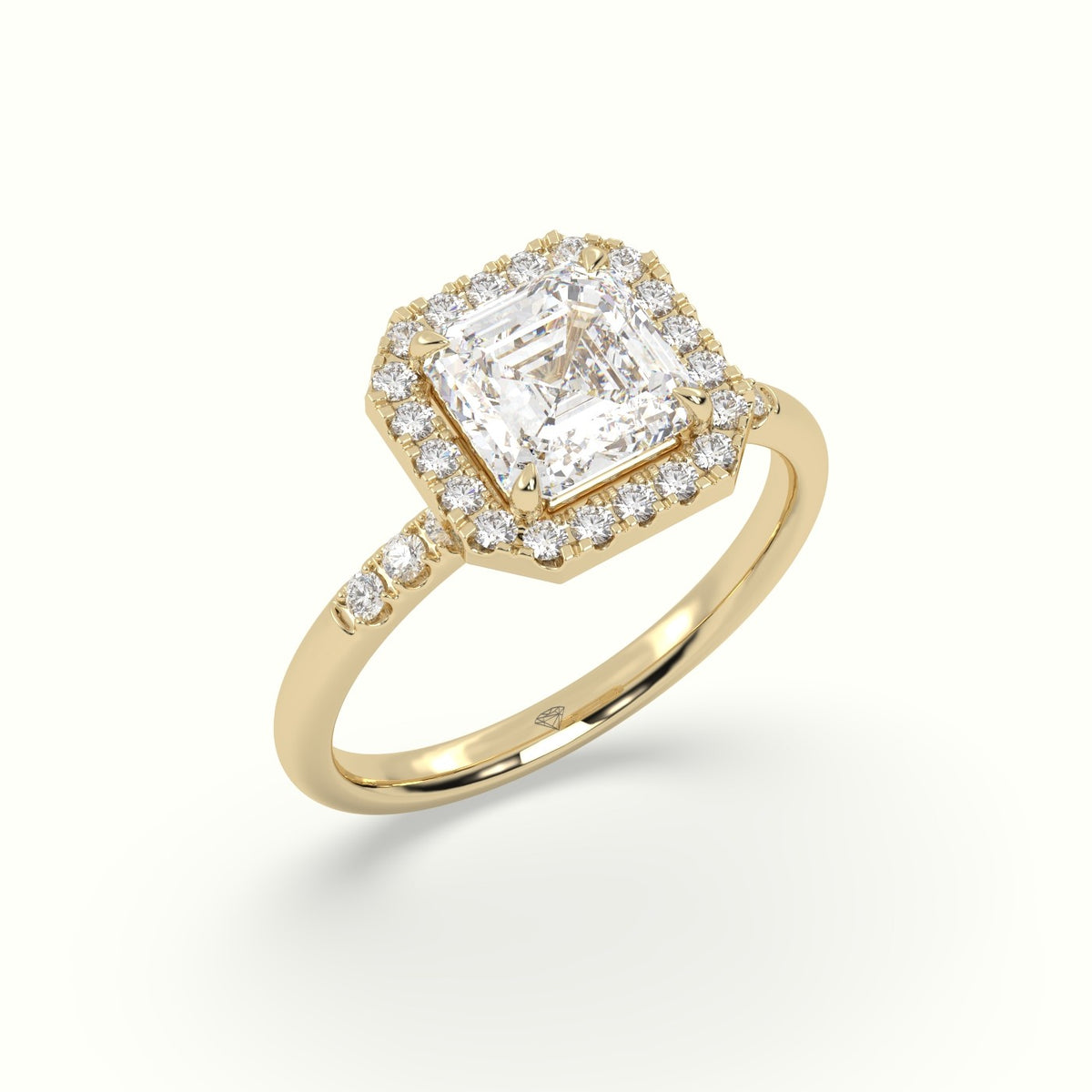 Asscher Cut Halo Diamond Engagement Ring — Yellow Gold