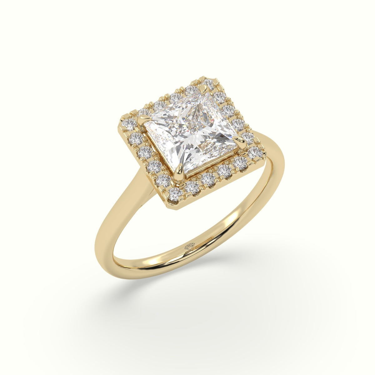 Princess Cut Halo Diamond Engagement Ring — Yellow Gold