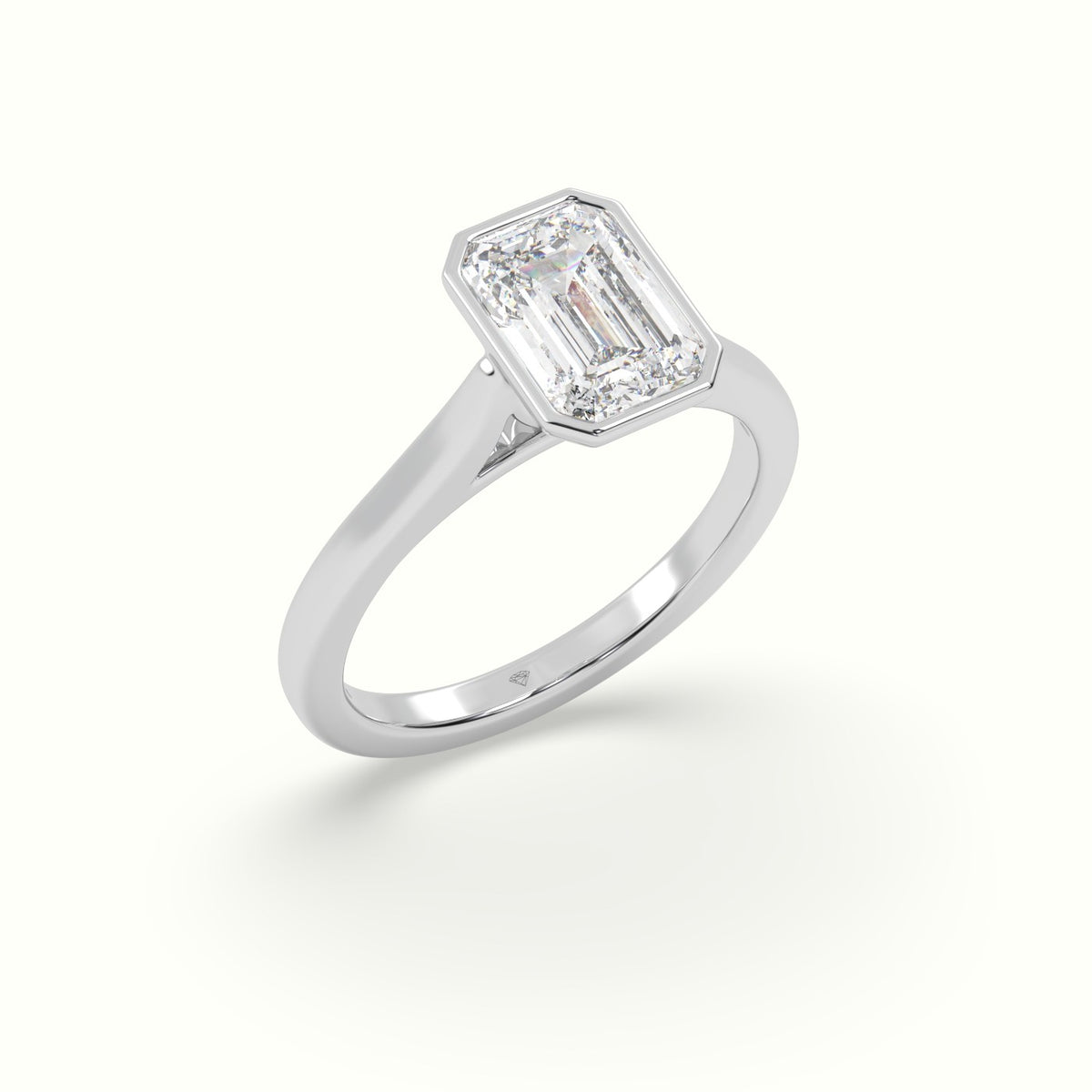 Emerald Cut Diamond Bezel Set Engagement Ring — White Gold