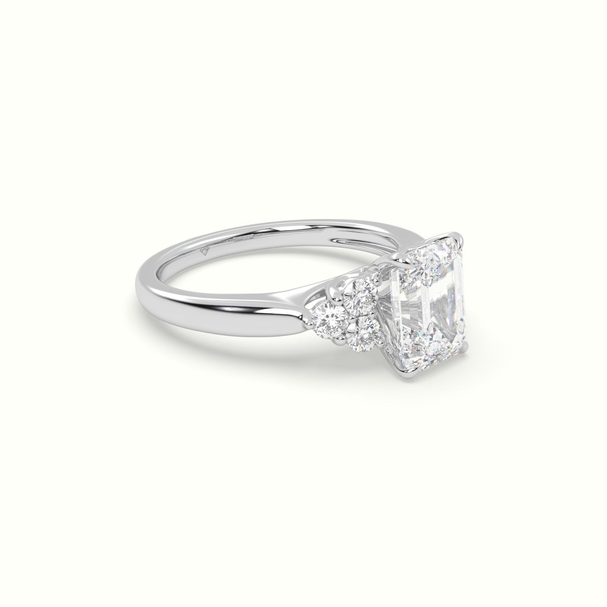 Emerald Cut Diamond Side Stone Engagement Ring — White Gold