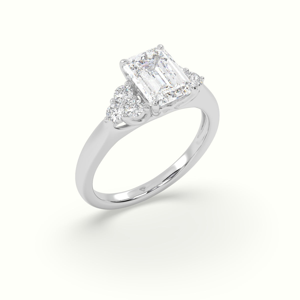 Emerald Cut Diamond Side Stone Engagement Ring — White Gold