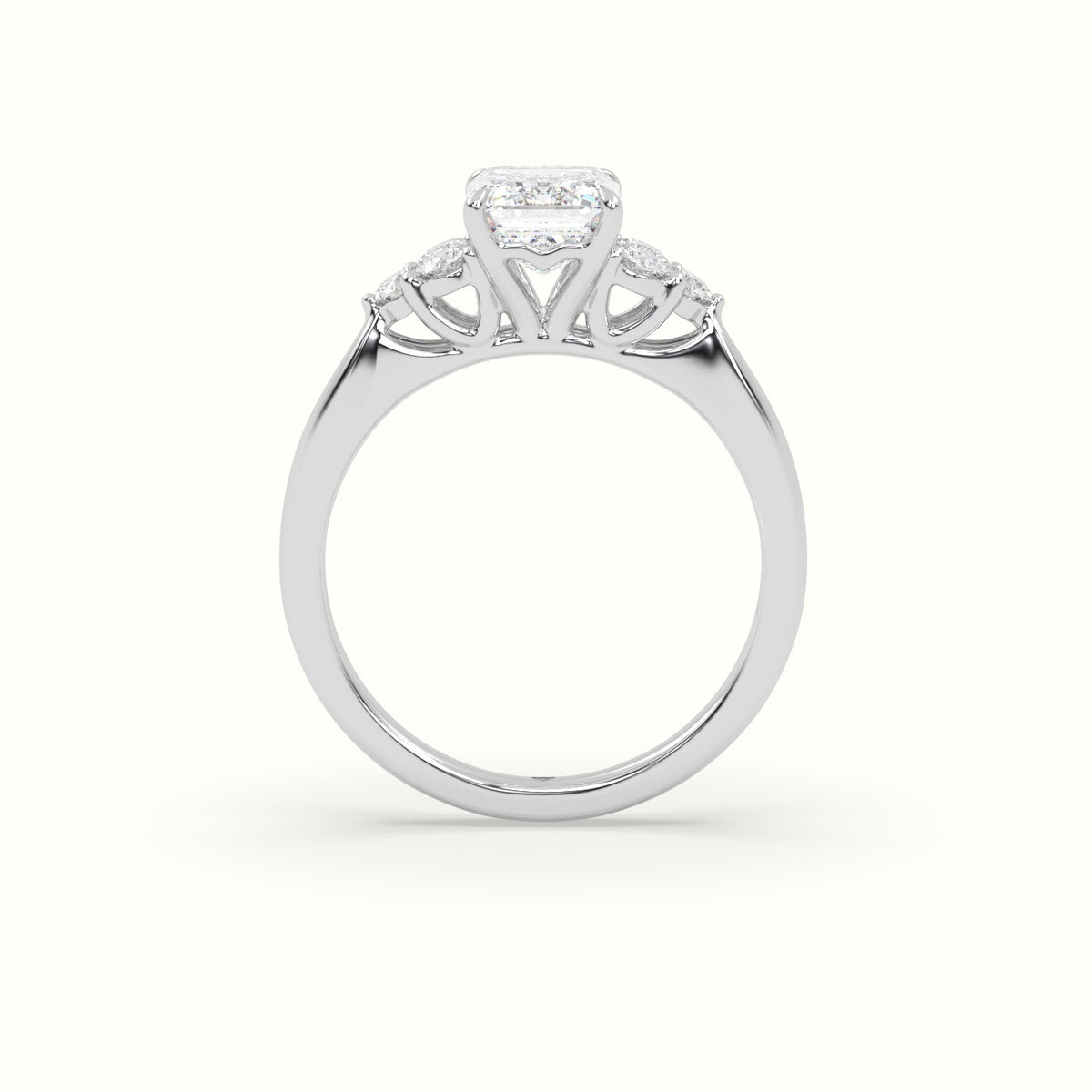 Emerald Cut Diamond Side Stone Engagement Ring — White Gold