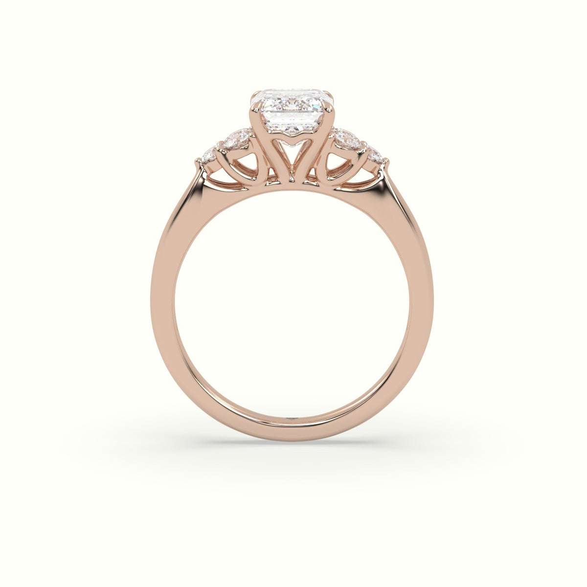Emerald Cut Diamond Side Stone Engagement Ring — Rose Gold