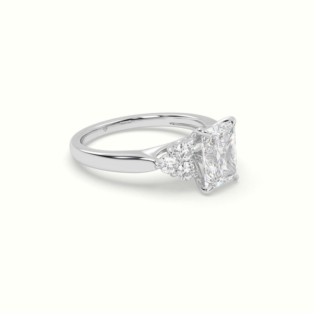 Radiant Cut Diamond Side Stone Engagement Ring — White Gold