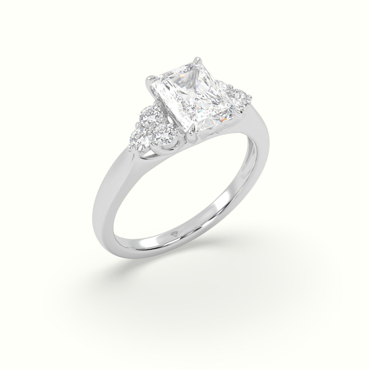 Radiant Cut Diamond Side Stone Engagement Ring — White Gold