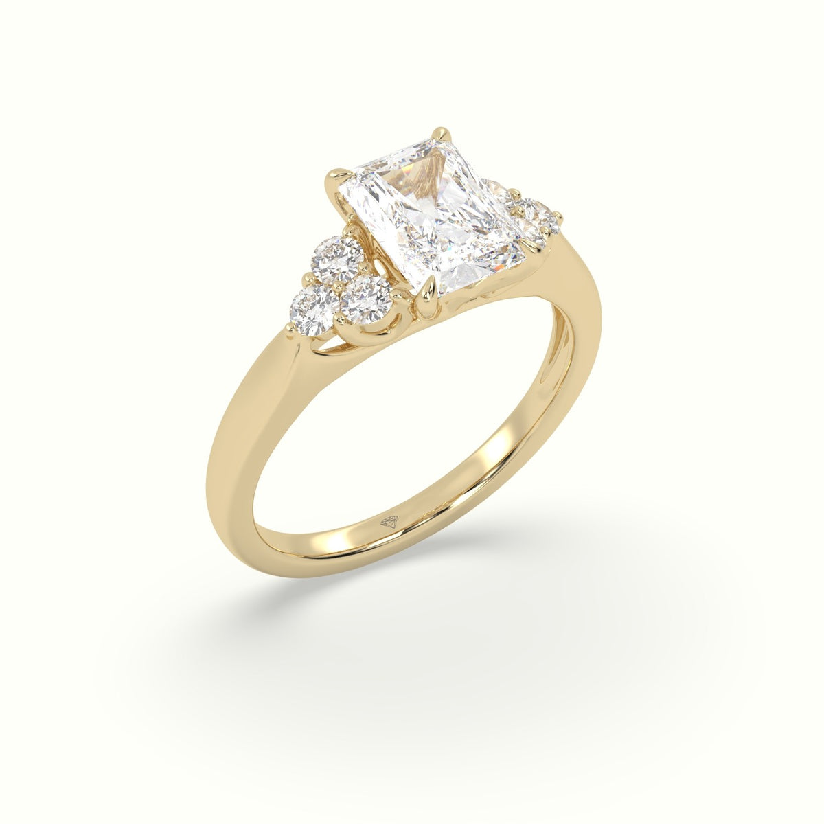 Radiant Cut Diamond Side Stone Engagement Ring — Yellow Gold