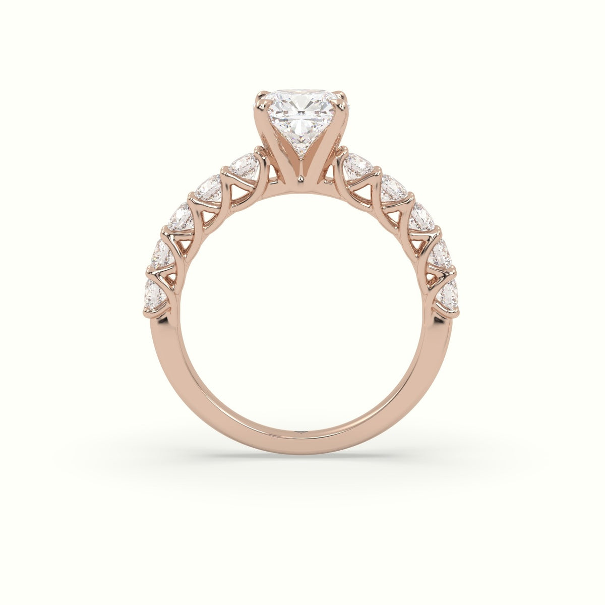 Cushion Cut Diamond Engagement Ring With Side Stones — Rose Gold