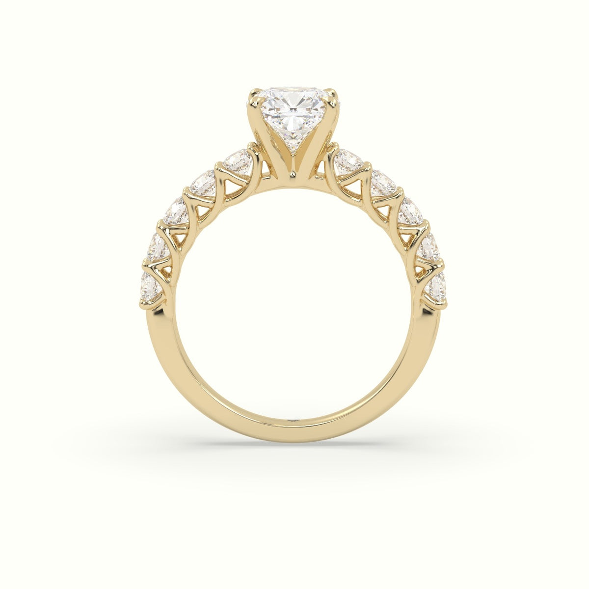 Cushion Cut Diamond Engagement Ring With Side Stones — Yellow Gold