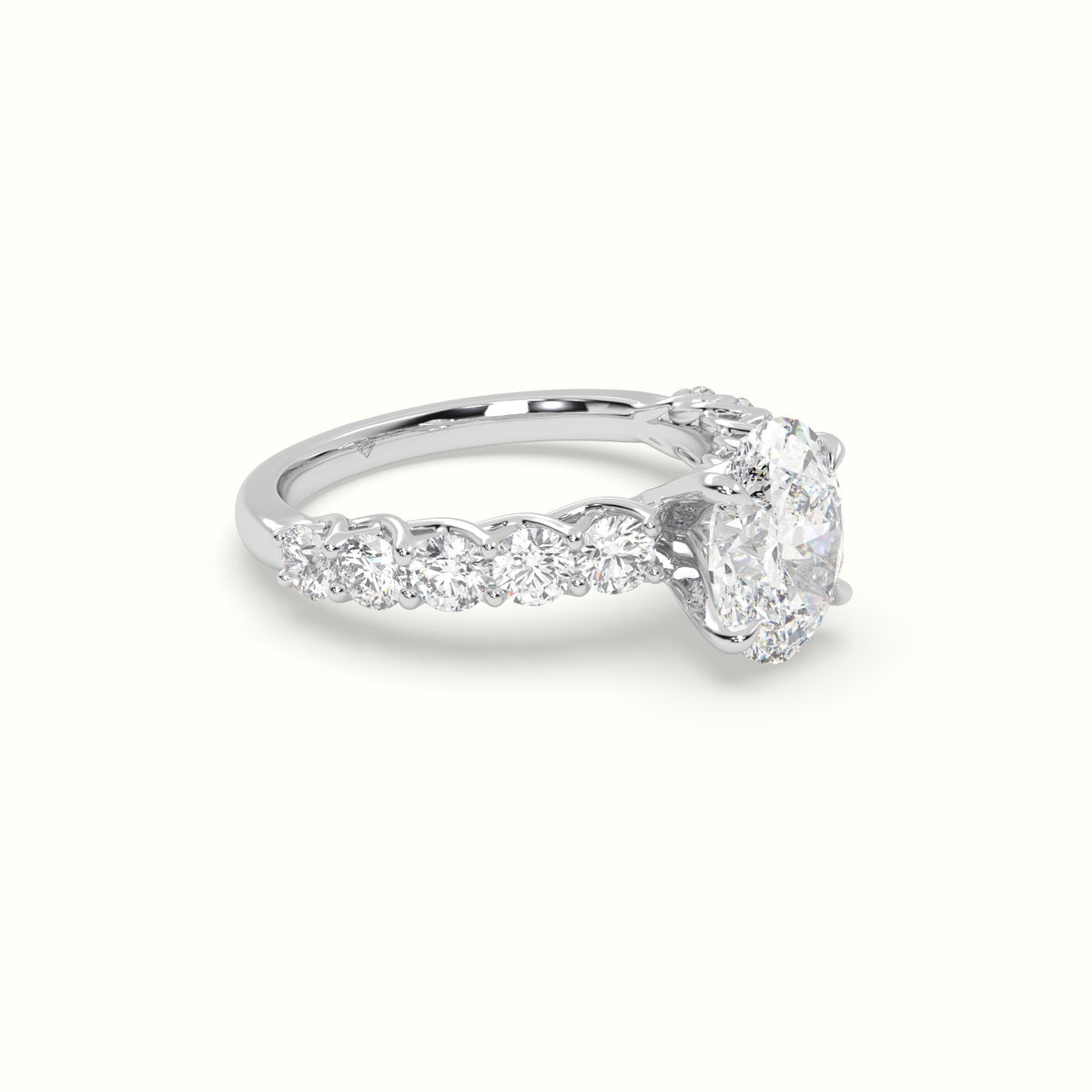 Oval Cut Diamond Engagement Ring With Side Stones — White Gold