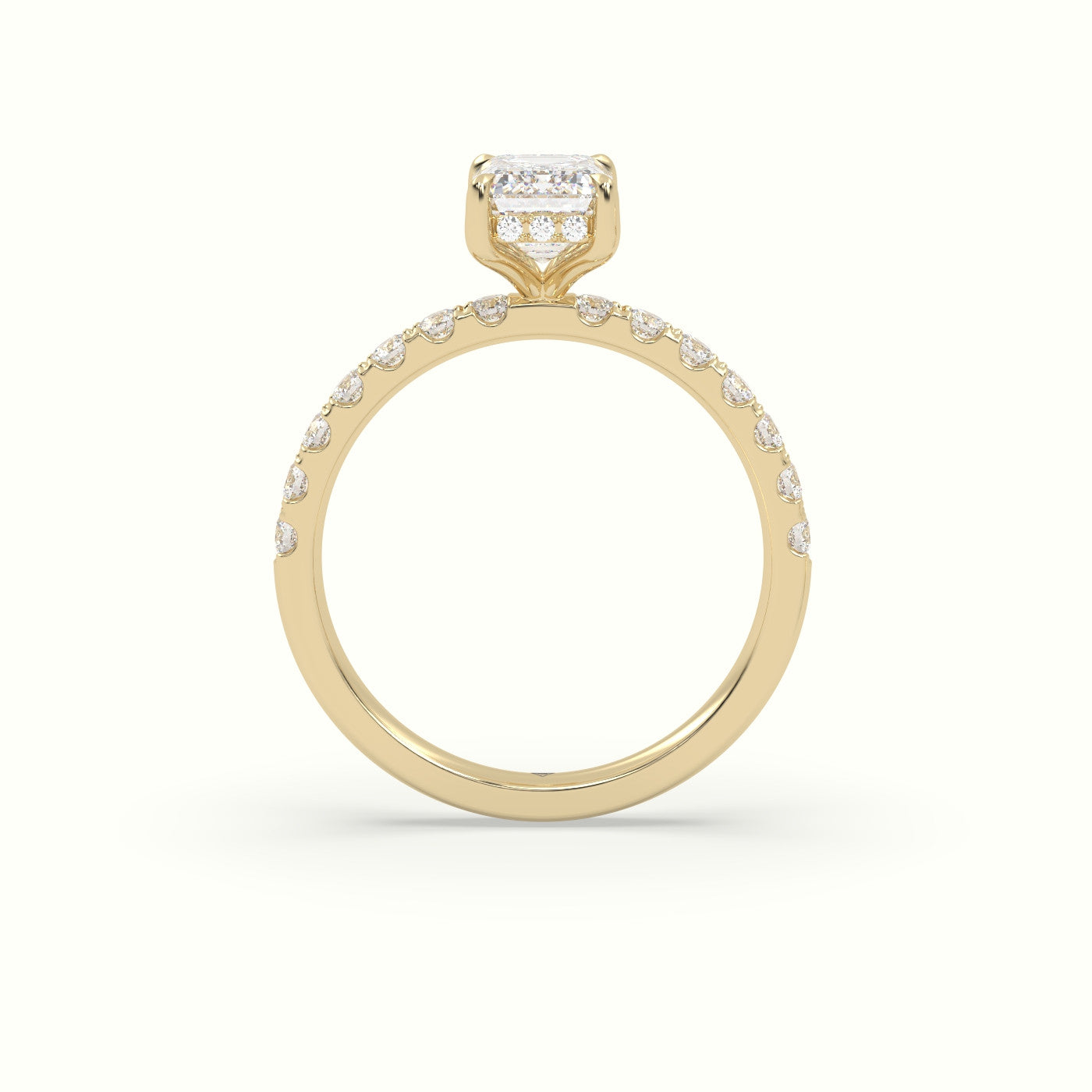 Emerald Cut Hidden Halo Side Stone Engagement Ring — Yellow Gold