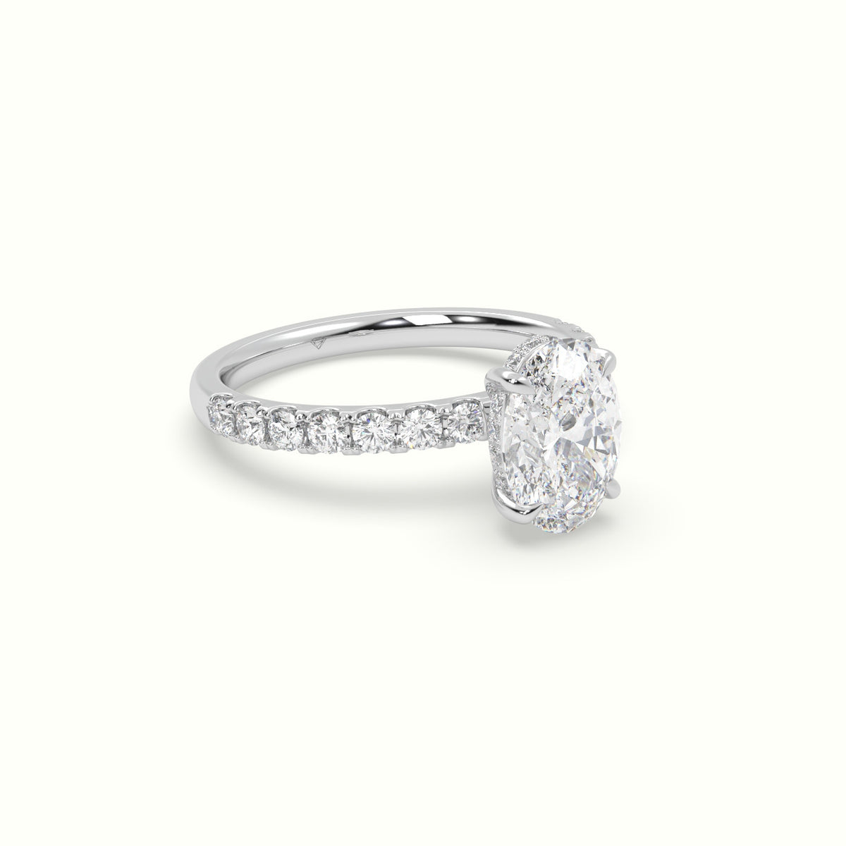 Oval Cut Hidden Halo Side Stone Engagement Ring — White Gold