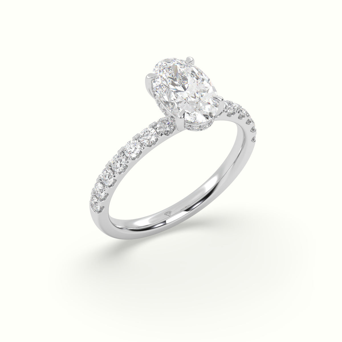 Oval Cut Hidden Halo Side Stone Engagement Ring — White Gold