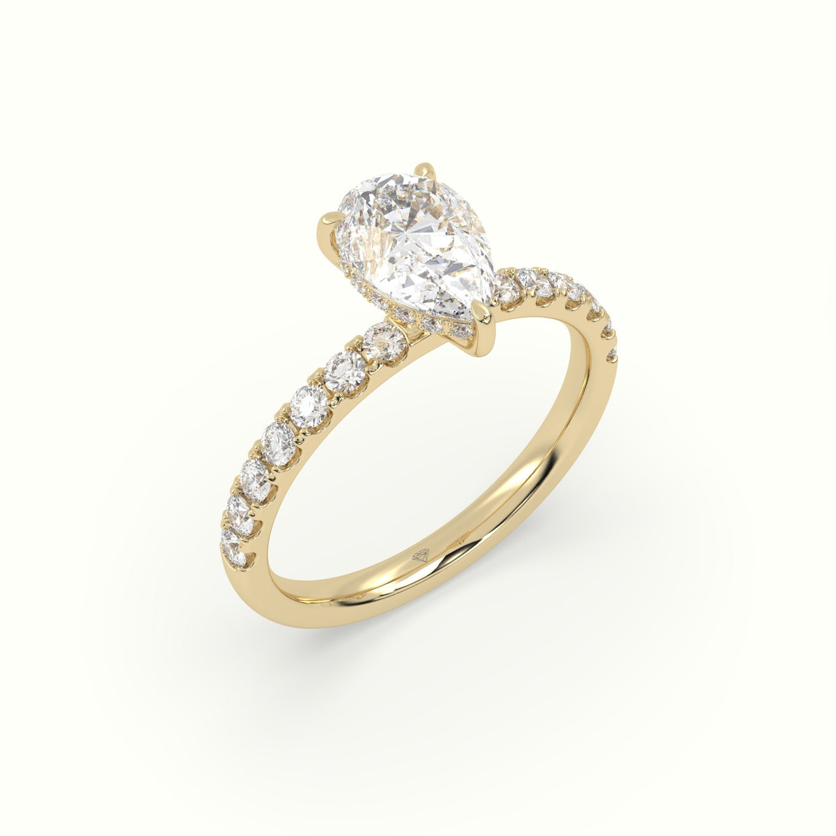 Pear Cut Hidden Halo Side Stone Engagement Ring — Yellow Gold