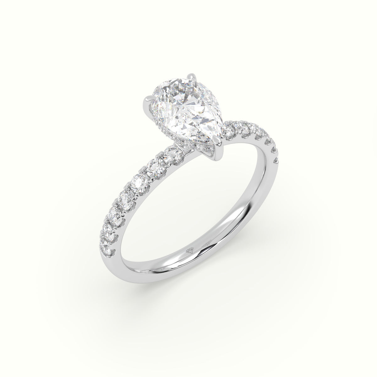 Pear Cut Hidden Halo Side Stone Engagement Ring — White Gold