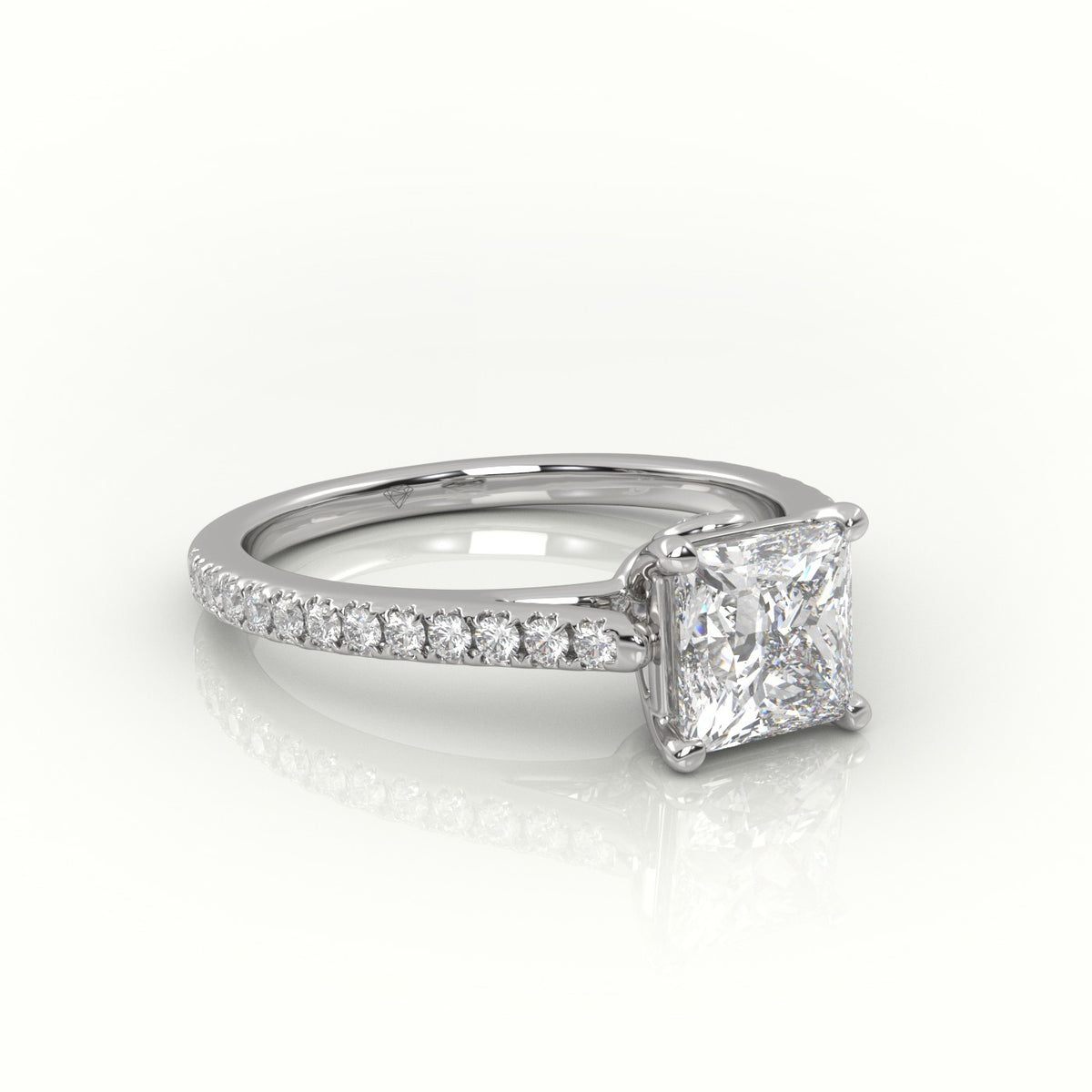 Princess Cut Diamond 4 Prongs Pave Setting Engagement Ring — White Gold