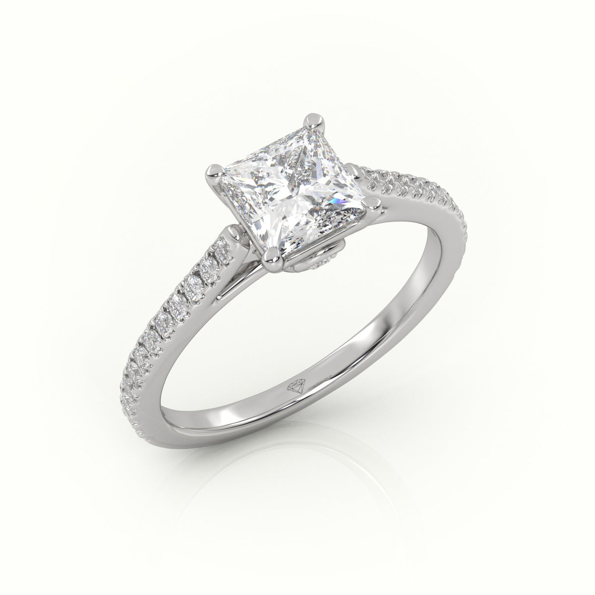 Princess Cut Diamond 4 Prongs Pave Setting Engagement Ring — White Gold