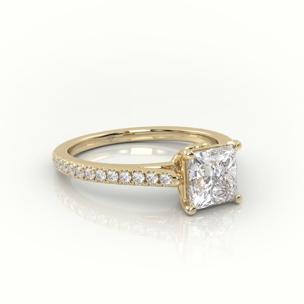 Princess Cut Diamond 4 Prongs Pave Setting Engagement Ring — Yellow Gold