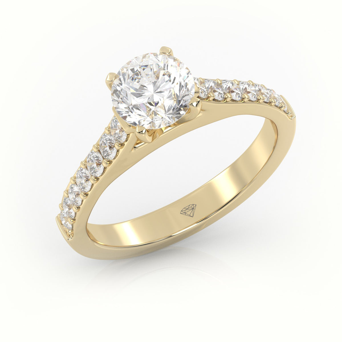 Round-Cut Diamond 4 Prong Pave Setting Engagement Ring — Yellow Gold