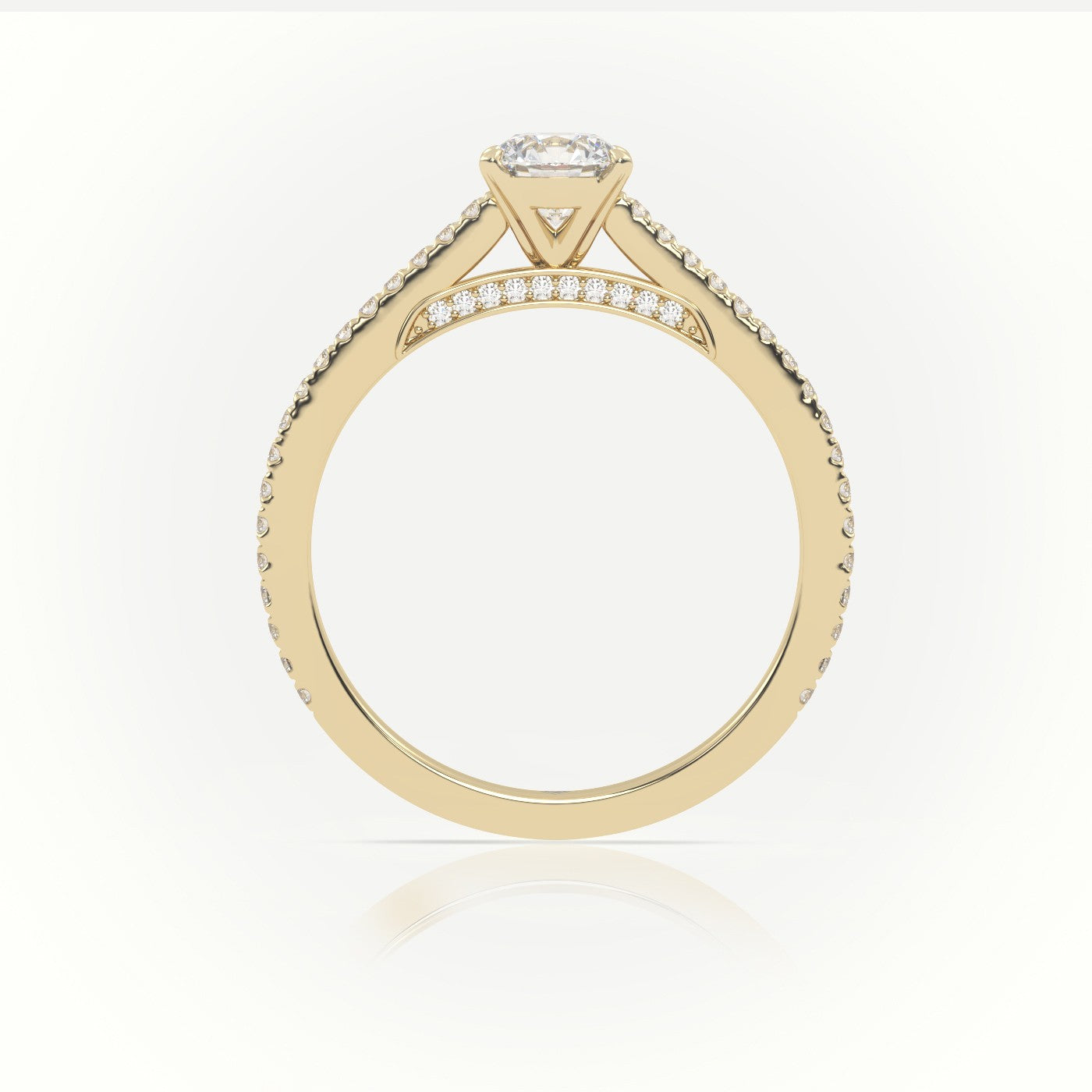 Brilliant Round Cut Diamond 4 Prongs Pave Setting Engagement Ring — Yellow Gold