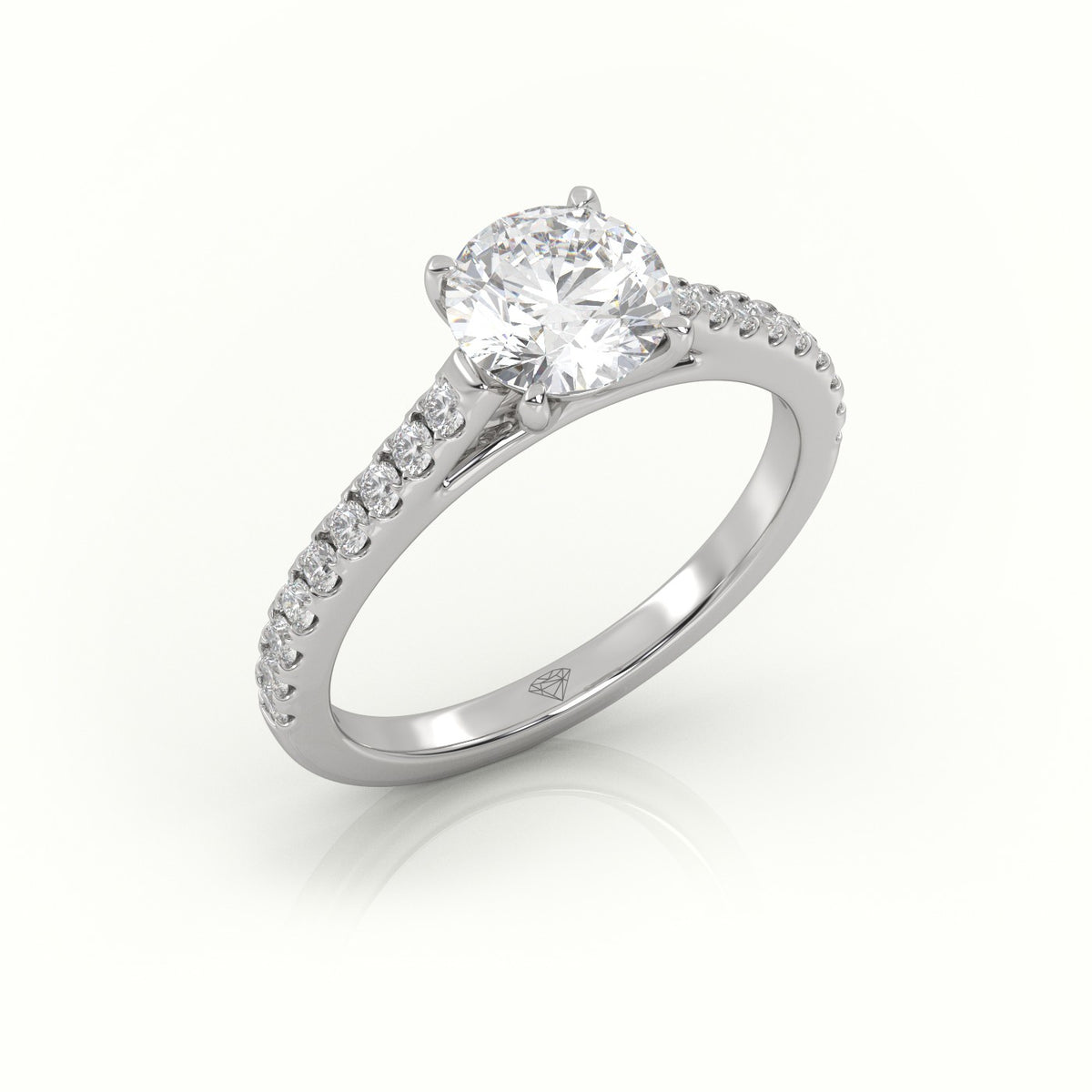 Round Cut Diamond Pave Setting Engagement Ring — White Gold